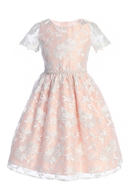 Floral Lace Dress with Scalloped Sleeve and Satin Lining